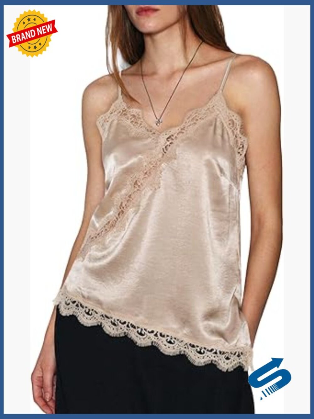 Satin Cami Top Spaghetti Strap Lace V Neck Asymmetrical Hem Tank Top